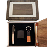 MDB Özel Ahşap Kutulu Bakır Roller Kalem, Anahtarlık ve Çakmak Set