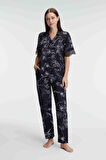 MDB MdbShop Yarım Kollu V Yaka Kadın Viskon Çiçek Desenli Yazlık Dokuma Dantel Detaylı Pijama Takımı