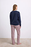 MDB Rahat ve Şık %100 Pamuklu Uzun Kol Sweatshirt ve Ekose Pantolon Pijama Takımı