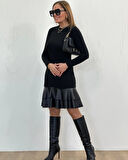 MDB Kadın Uzun Kollu Bisiklet Yaka üst Viskon Etek Ucu Deri Kısa Elbise