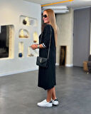 MDB Kadın Uzun Kollu V Ribana Yakalı Yanlardan Yırtmaçlı Midi Viskon Iki Iplik Elbise