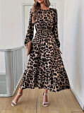 MDB Uzun Kollu Bisiklet Yaka Leopar Desenli Midi Süprem Elbise