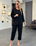 MDB Kadın Uzun Kollu V Yakalı Pulpayet Viskon Iki Iplik Bluz Ve Pantolon Takım