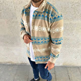 MDB Erkek Desenli Polar Gömlek – Etnik Şerit Desen Yakalı, Uzun Kollu, Düğmeli, Oversize Rahat Kalıp  arı