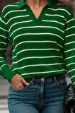 MDB Kadın Uzun Kollu V Yaka çizgili Triko Bluz