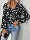 MDB Kadın Uzun Kollu V Yakalı çiçek Desenli Modal Bluz