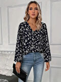 MDB Kadın Uzun Kollu V Yakalı çiçek Desenli Modal Bluz