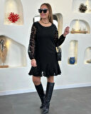 MDB Kadın Uzun Kollu Yuvarlak Yaka Kol Ve Etek Ucu Dantelli Kısa Ithal Krep Elbise