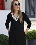 MDB Kadın Uzun Kollu V şerit Yakalı Viskon Iki Iplik Elbise