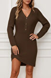 MDB Kadın Uzun Kollu V Yakalı önden Düğmeli Kısa Triko Elbise