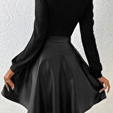 MDB Kadın Uzun Kollu Kare Yaka üst Viskon Alt Deri Mini Elbise