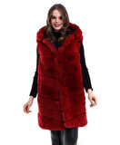 MDB Kapşonlu Peluş Kürk Yelek Premium Kalite, Tam Astarlı, Uzun odel  Kırmızı