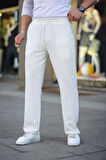 MDB Erkek Cizgili Dokuma Krep Jogger Buggy Pantalon Rahat Kalıp  Beyaz