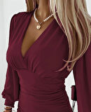 MDB Kadın Uzun Kollu Derin V Yakalı önden Büzgülü Sandy Bluz