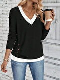 MDB Kadın Uzun Kollu V Yakalı Yandan Düğmeli Yün Viskon Bluz