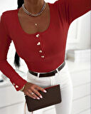 MDB Kadın Uzun Kollu Yakadan Açık Ve Düğme Detaylı Kaşkorse Bluz