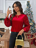 MDB Kadın Uzun Kollu Bisiklet Yaka Kollar Pulpayet Kadife Bluz