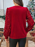 MDB Kadın Uzun Kollu Bisiklet Yaka Kollar Pulpayet Kadife Bluz