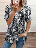 Kadın V Yaka Renkli Leopar Desen Büzgü Detay Süprem Bluz