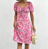 Kadın Kısa Kollu Mini çiçek Baskılı Bağcık Detay Süprem Midi Boy Elbise