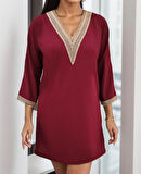 Kadın Uzun Kollu Yaka Ve Kol Manşet Güpürlü Detay Krep Mini Boy Elbise