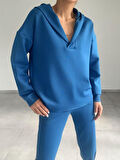 Kadın Uzun Kol V Yaka Kapüşon Detay Sweat Ve Yüksel Bel Eşofman Ikili Takım