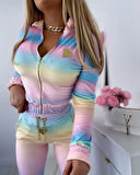 Kadın Uzun Kollu Askılı Yuvarlak Yakalı Krop Bluz, Uzun Kollu önden Fermuarlı Ceket Ve Pantolon Dalgıç üçlü Takım