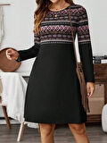 Kadın Uzun Kollu Bisiklet Yaka Etnik Desenli Kısa şardonlu Dalgıç Elbise