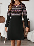 Kadın Uzun Kollu Bisiklet Yaka Etnik Desenli Kısa şardonlu Dalgıç Elbise