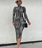 Kadın Zebra Desen Süet Kumaş Fırsat ürün Midi Boy Elbise