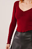 Geniş Yaka Bordo Basic Body Bluz