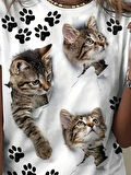 Kadın Kısa Kollu Kedi Ve Pati Baskılı Süprem T-shirt