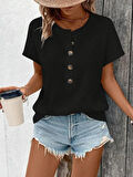 Kadın Kısa Kollu Yakası Açık önden Düğmeli Waffle Bluz