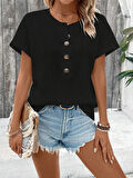 Kadın Kısa Kollu Yakası Açık önden Düğmeli Waffle Bluz