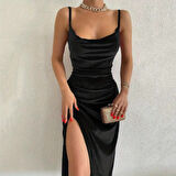 Kadın Askılı Degaje Yakalı Yırtmaçlı Kadife Midi Elbise