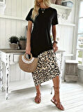 Kadın Kısa Kollu Bisiklet Yaka Leopar Detaylı Midi üst Viskon Alt Süprem Elbise