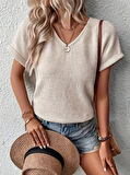 Kadın Kısa Kollu V Yaka Sırt Düğme Detay Triko Bluz