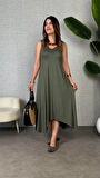 Kadın çan Dokuma Kumaş V Yaka Asimetrik Kesim Elbise