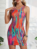 Kadın Kalın Askılı çok Renkli Dalgıç Mini Elbise