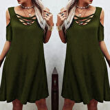 Dekolteli Bağcık Detay Viskon Kumaş Elbise