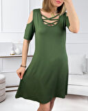 Dekolteli Bağcık Detay Viskon Kumaş Elbise