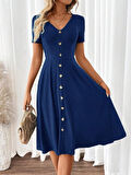 Kadın Kısa Kollu V Yakalı önden Düğmeli A Kesim Dokuma Elbise