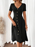 Kadın Kısa Kollu V Yakalı önden Düğmeli A Kesim Dokuma Elbise