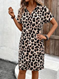 Kadın Kısa Kollu Yakalı Leopar Desenli Süprem Elbise