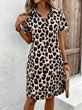 Kadın Kısa Kollu Yakalı Leopar Desenli Süprem Elbise