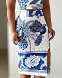 Kadın Sıfır Kollu Yuvarlak Yaka çiçekli Desenli Süprem Crop Ve Yırtmaçlı Etek Ikili Takım