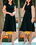 Düşük Omuz Eteği Pileli Krep Kumaş Midi Boy Elbise