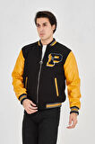 Erkek İçten Elyaf Ve Astarlı Kolları Suni Deri Ceket - Sarı