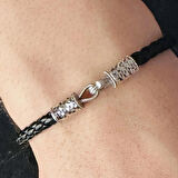 Erkek Bileklik, Şık Deri Kordon, Gümüş Altın Kaplama Bileklik