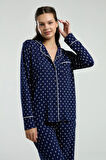 Viskon & Likralı, Önden Düğmeli, Uzun Kollu, Gömlek Yaka, Cepli, Kadın Pijama Takımı -8950